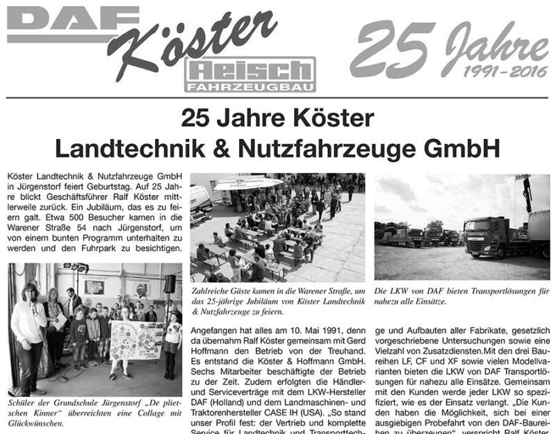 2016 – 25 Jahre Köster Landtechnik & Nutzfahrzeuge GmbH